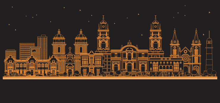 Outline Lima Peru City Skyline with orange Buildings. Illustration. Business Travel and Tourism Concept with Historic Architecture. Lima Cityscape with Landmarks. vector