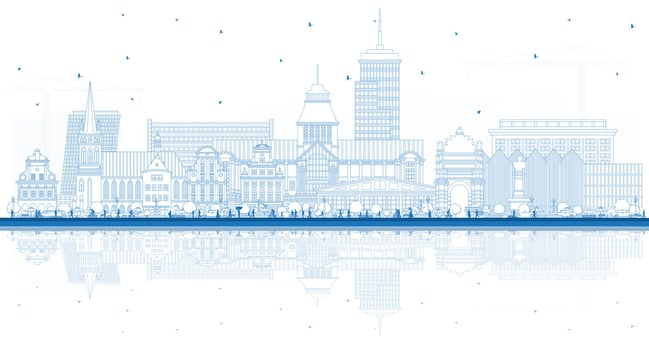 Outline Szczecin Poland city skyline with blue buildings and reflections. Szczecin cityscape with landmarks. Business travel and tourism concept with modern and historic architecture. vector