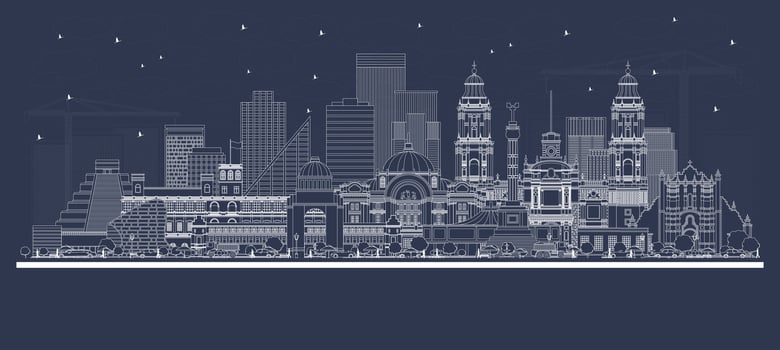 Outline Mexico City Skyline with white Buildings. Business Travel and Tourism Concept with Historic Architecture. Mexico Cityscape with Landmarks. vector