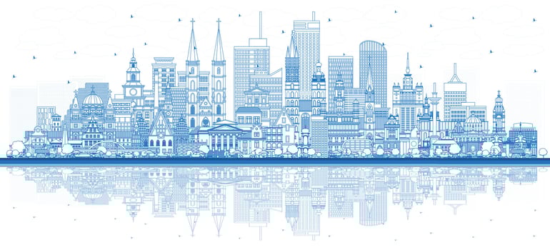 Outline Poland City Skyline with Blue Buildings. Illustration. Concept with Modern Architecture. Poland Cityscape with Landmarks. Warsaw. Krakow. Lodz. Wroclaw. Poznan. vector