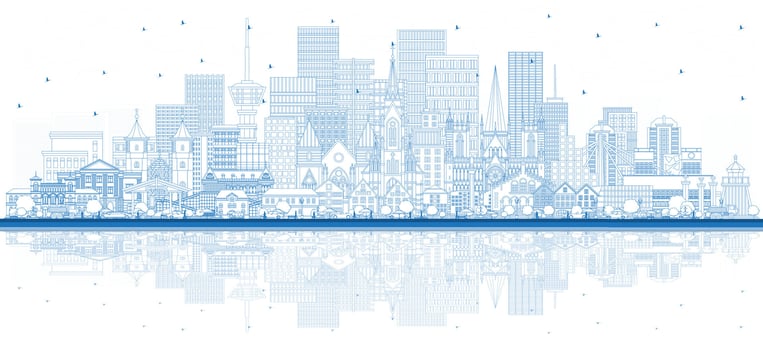 Outline Norway city skyline with blue buildings and reflections. Concept with historic and modern architecture. Norway cityscape with landmarks. Oslo. Stavanger. Trondheim. Bergen. vector