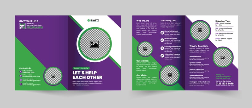 Clean Bifold Brochure Template for Charity NGO Nonprofit Awareness Fundraising and Community Events vector