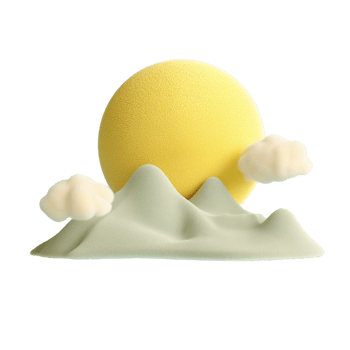Fluffy 3D mountain scene with sun icon isolated on transparent background png
