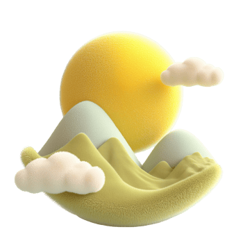 Plush 3D Sun and abstract mountain range with clouds isolated on transparent background png