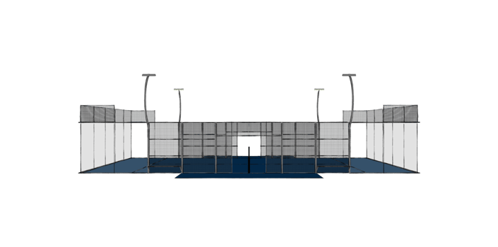 Side view sketch of a modern blue padel court with fencing and lighting poles, isolated on transparent background png