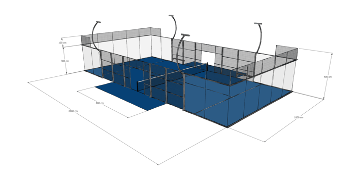 3D isometric sketch of a modern blue padel court showing detailed dimensions in centimeters. isolated on transparent background png