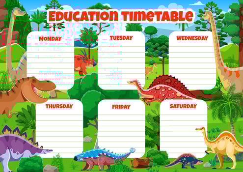 Education timetable, cartoon funny dinosaurs characters vector
