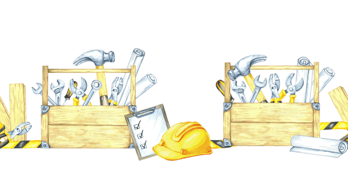 Wooden toolbox, yellow helmet, checklist, hammer, tape, and blueprints in soft yellow and gray tones. Seamless border watercolor clipart for banners, blog headers, or construction-themed invitations png