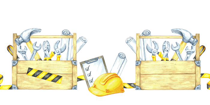 Yellow hard hat, toolbox, black-yellow tape, and blueprints arranged horizontally. Seamless banner Watercolor illustration suitable for website borders, event headers, and signage for work zones png