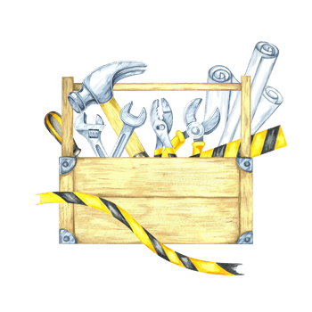 Toolbox packed with pliers, wrench, hammer, and striped caution tape in gray and yellow. Watercolor illustration great for DIY kit labels, flyer designs, or workshop branding assets png