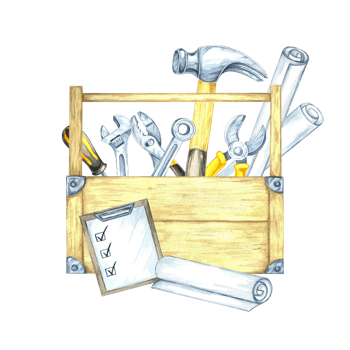 Checklist clipboard, toolbox with tools, and blueprint rolls in natural wood and muted tones. Watercolor illustration great for safety manuals, contractor leaflets, or planner decorations png