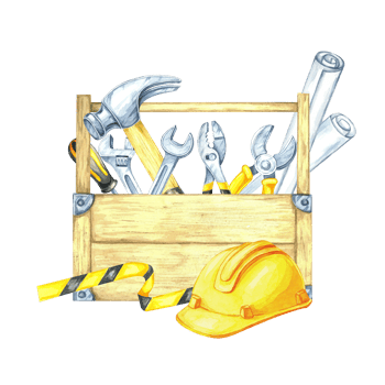 Wooden toolbox with hand tools, striped tape, and yellow helmet in realistic hues. Watercolor clipart suited for app icons, safety course materials, or handyman-themed digital products. png