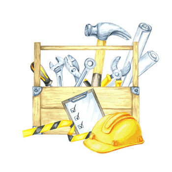 Yellow helmet, hammer, clipboard, and toolbox with assorted hand tools and striped tape. Watercolor clipart fitting for business cards, construction brochures, or organizational stickers png