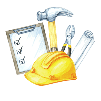 Yellow helmet, clipboard with checkmarks, hammer, and tools grouped in a construction scene. Watercolor clipart suitable for calendar illustrations, maintenance guides, or printable crafts. png