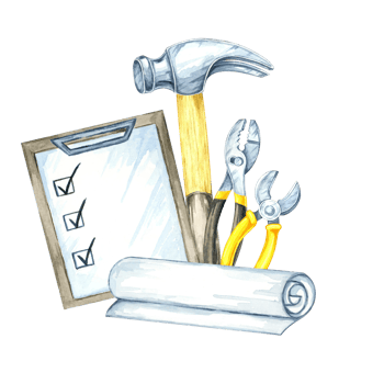 Hammer, blueprint, pliers, checklist, and screwdriver in yellow-gray tones with subtle shading. Watercolor illustration ideal for presentation slides, reports, or themed digital scrapbooks png