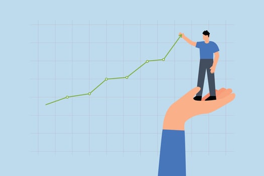 Drive sale increasing profit, businessman stands with helping hand and pulls up rising graph vector