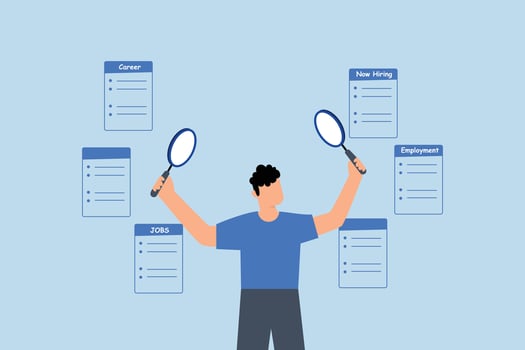 Job seeking, businessman holding a magnifying glass in both hands seeking new job opportunities. vector