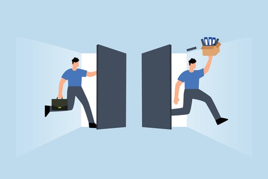 job rotation in people management, entrepreneur arrives at workplace as colleagues depart for new positions. vector