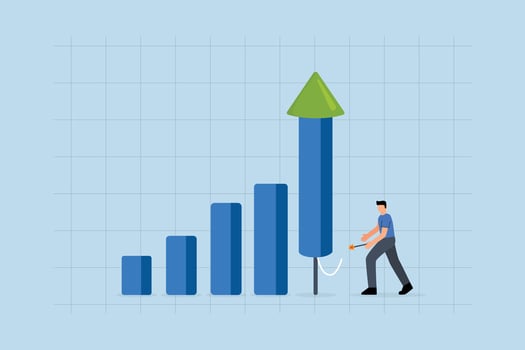 Grow your business, businessman lights fireworks from rocket dash to increase business growth vector