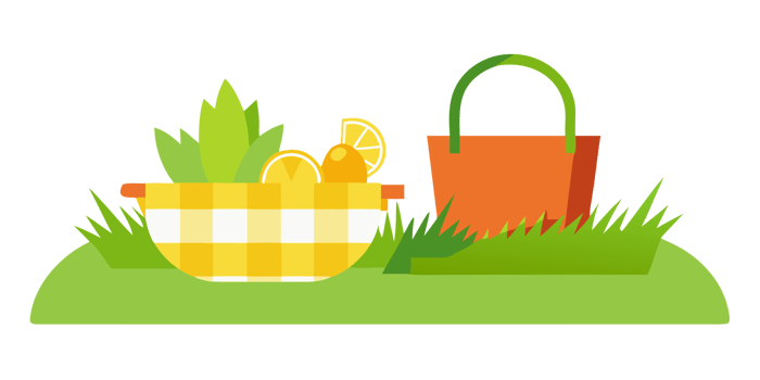 Picnic basket with fruit and oranges on green grass lemons png