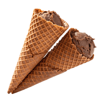 Delight in rich chocolate ice cream nestled in crispy cones, perfect for sweet treat on warm day png