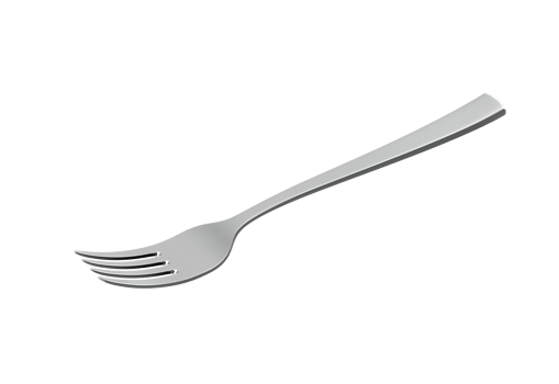 Sleek and stainless steel fork with a reflective finish and a slightly curved handle. 3D Illustration png