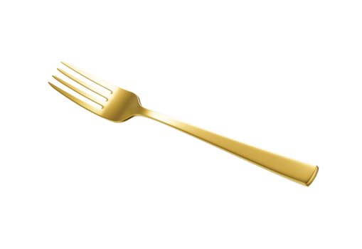 A gold plated fork with a reflective finish and a slightly curved handle. 3D Illustration png