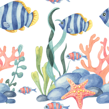 Blue angelfish, coral, seaweed, and stones in watercolor illustration seamless pattern. Use in kids fashion, bathroom decor, greeting cards, or tropical-themed wrapping paper png