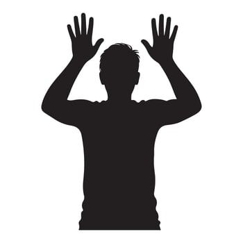 Silhouette of a man with arms raised and hands open against a white background vector