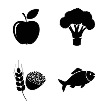 Healthy Food Icons Set Apple Broccoli Grain and Fish in Black vector