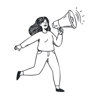 Young female speaker with megaphone expressive caucasian woman communicating loudly vector