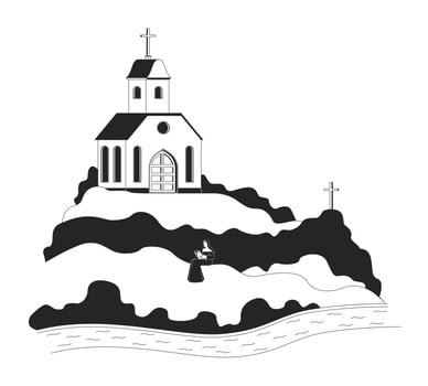 Church monastery on hill with nun reading outline illustration. Spiritual solitude. Catholic chapel on grassy hilltop near river 2D line character isolated on white. Monochrome ink linear image vector