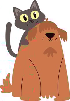 Cat And Dog Friendship Flat Illustration Hand Drawn Icon vector