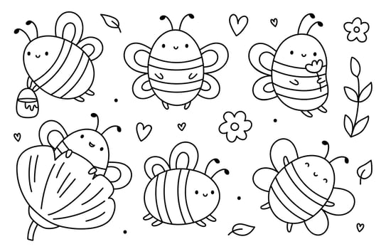 A set of cute bees isolated on a white background. hand-drawn illustration in doodle style. Perfect for decorations, logo, various designs. Kawaii characters. vector