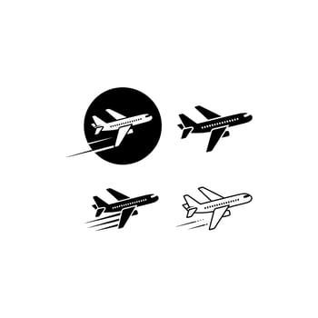 Four black airplane icons with motion lines on white background aircraft travel vector