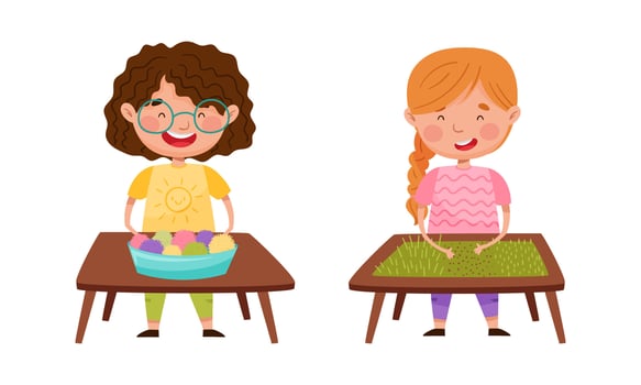 Children playing with materials at tables vector