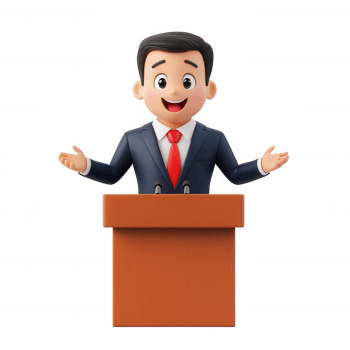 Political 3d icon character speaking confidently at podium, gesturing emphatically with professional demeanor against transparent backdrop png