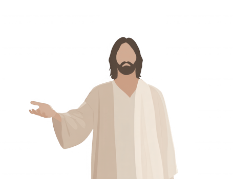 Jesus transparent figure wearing traditional robe, reaching forward with open palm against Christ background, digital artistic png