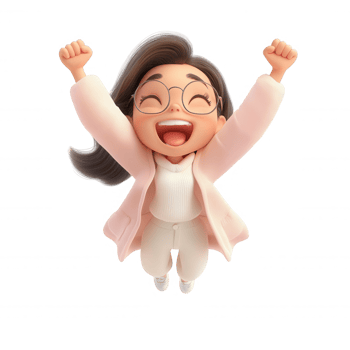 3d icon user Joyful cartoon businesswoman jumping with raised arms, celebrating success, on a transparent background png