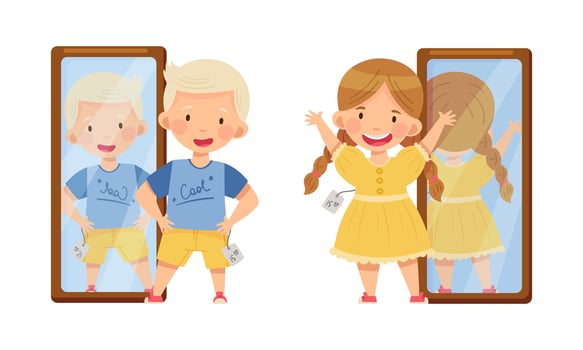 Kids admiring reflections in mirrors vector
