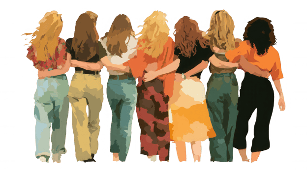 Seven women background arm in arm, symbolizing friendship and unity. The transparent highlights standing their connection and diversity png
