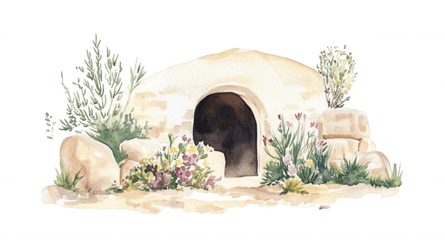 Weathered stone cave mouth emerging through verdant foliage, transparent rendering with watercolor backdrop png