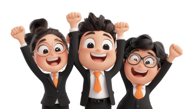 Cartoon 3d icon businesspeople in suits jumping arms celebrating corporate achievement enthusiastically, raised with on transparent background png