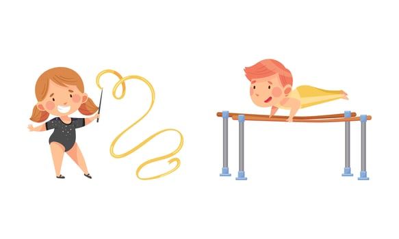 Kids performing gymnastics with ribbon and bars vector