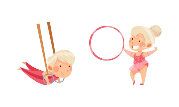 Kids practicing gymnastics with rings and hula hoop vector