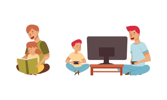 Father and son reading and gaming together vector