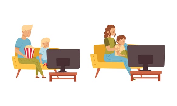 Family watching TV together with popcorn vector