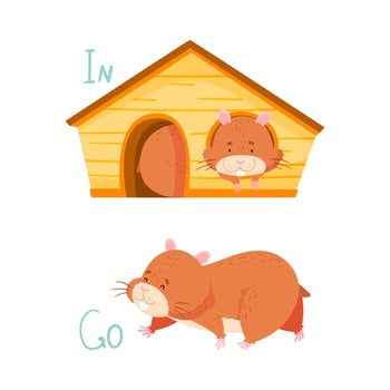 Cute hamster demonstrating English preposition of place and verb. Educational material for kids cartoon illustration vector