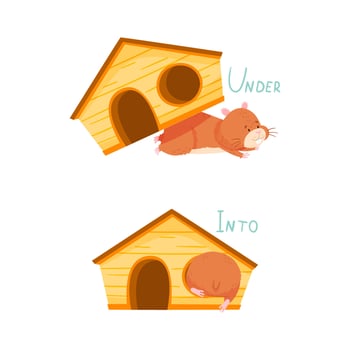 English prepositions of place set. Cute hamster sitting under and into the house. Educational material for kids cartoon illustration vector