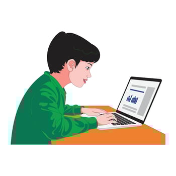 A boy is sitting at a desk working on his laptop to complete online learning assignments at home vector